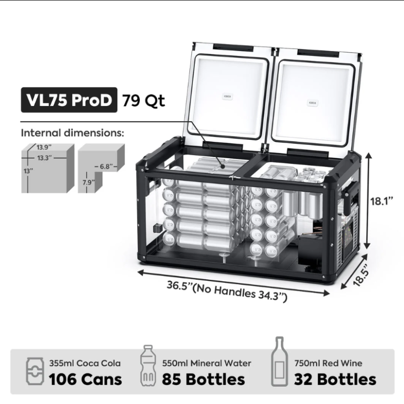 An ICECO VL75 ProD portable refrigerator with a transparent body and open split lids, showcasing two compartments filled with stacked beverage cans and bottles, accompanied by detailed external and internal dimensions and capacity information for 106 cans, 85 water bottles, or 32 wine bottles