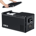 An ICECO portable refrigerator in black, with a person's hands shown removing the textured lid to reveal one of the internal compartments, presented at an angled front and side view