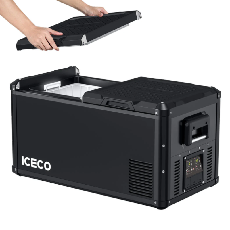 An ICECO portable refrigerator in black, with a person's hands shown removing the textured lid to reveal one of the internal compartments, presented at an angled front and side view