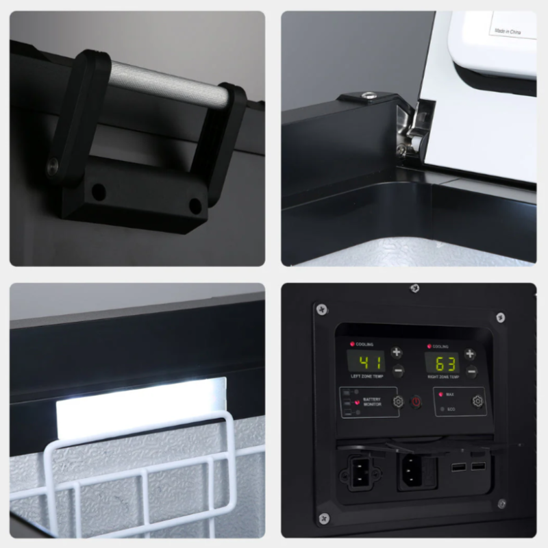 A four-panel image showcasing features of an ICECO portable refrigerator, including a close-up of the handle, the lid's hinge mechanism, the interior LED light and wire basket, and the dual-zone digital control panel displaying "41" and "63" for left and right zone temperatures respectively