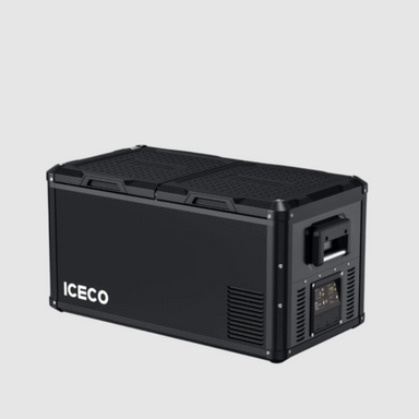 An ICECO VL series portable refrigerator in black, featuring a split lid with textured surfaces and side handles, and a digital control panel, shown from an angled front and side view on a light grey background