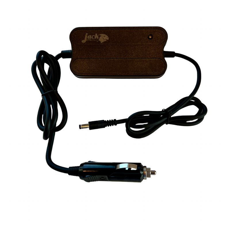 Image of the JackRabbit 12V Ultra Portable Charger power brick and cable with a 12V cigarette lighter car adapter plug, shown on a white background.