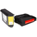 Image of a black rectangular battery pack with yellow and white labels and its accompanying black fabric storage pouch with a red reflective strip, side by side on a white background.