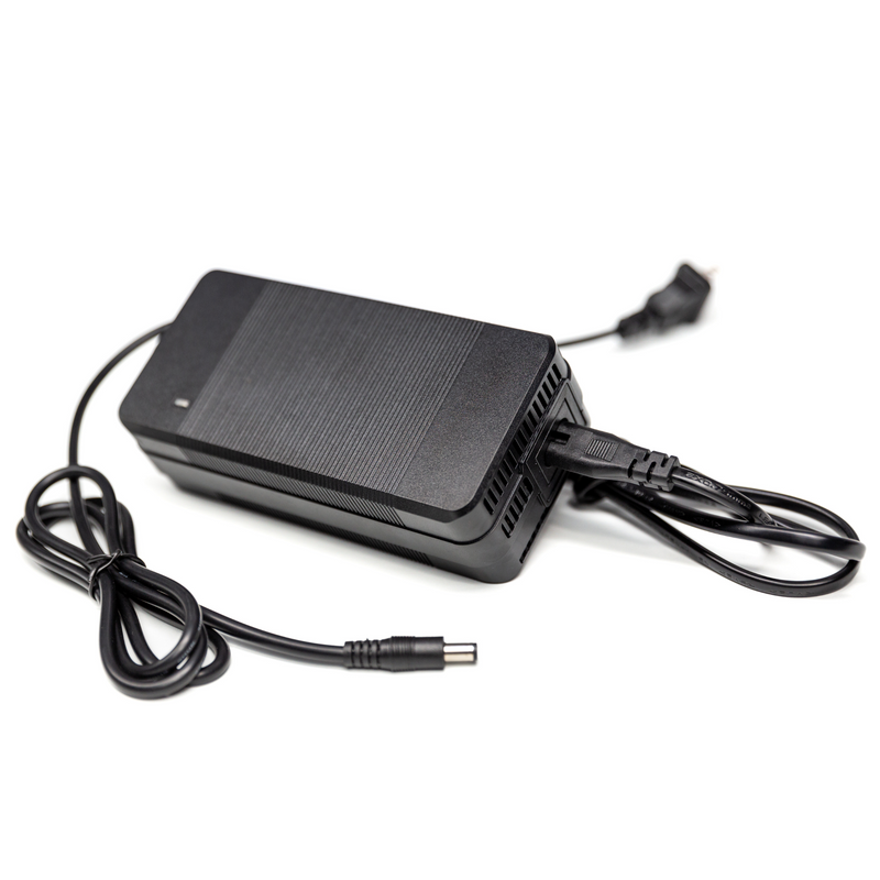 Image of JackRabbit ultra fast battery charger with black power brick and attached cables, angled front and side view on white background.