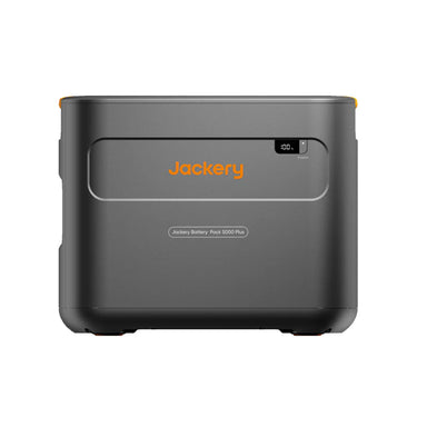Image of Jackery Battery Pack 5000 Plus expansion battery with black casing and orange logo, compact rectangular design with front status display, straight-on front view on white background.