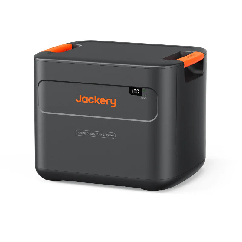 Image of Jackery Battery Pack 5000 Plus expansion battery with black casing and orange carry handles, compact rectangular design with front status display, angled front and side view on white background.