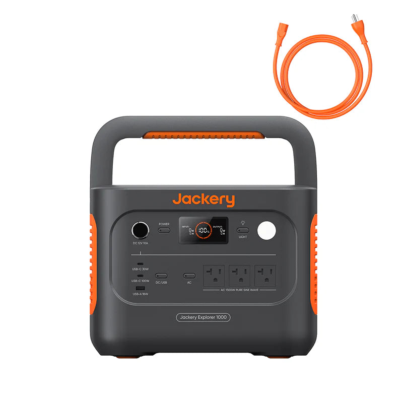 Image of Jackery Explorer 1000 portable power station with integrated carry handle, front control panel and multiple power ports visible, dark gray body with orange accents and included charging cable shown above, straight-on front view on white background.