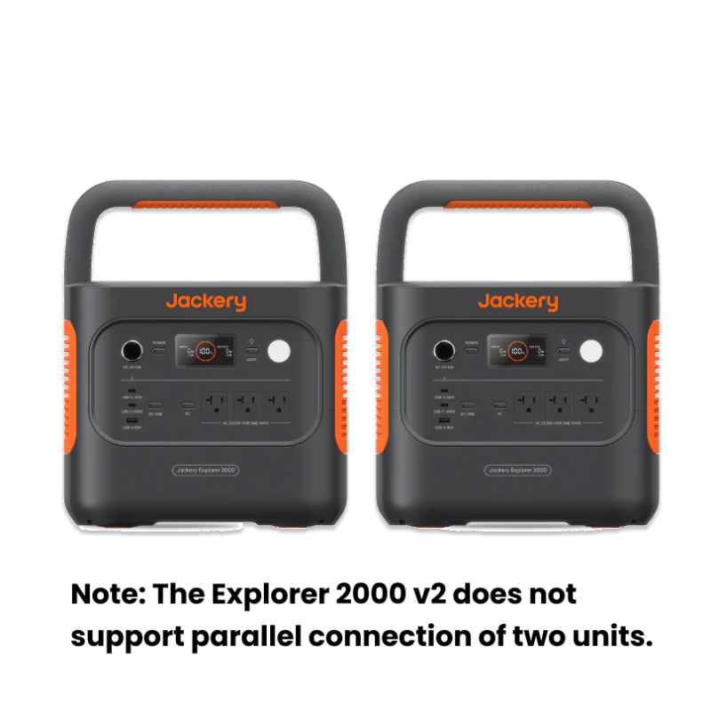 Image of two Jackery Explorer 2000 portable power stations shown side by side, black and orange casing with front control panels and integrated handles, straight-on front view on white background.