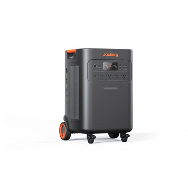 Image of Jackery Explorer 5000 Plus portable power station with built-in wheels and pull handle, black casing with front control panel and multiple outlets, angled front and side view on white background.