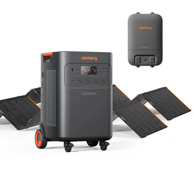 Image of Jackery Explorer 5000 Plus portable power station with wheels paired with foldable solar panels and a smart transfer switch, black and orange design, angled front view on a white background.