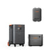 Image of Jackery Explorer 5000 Plus power system showing portable power station on wheels, expansion battery, and smart transfer switch, black design with orange accents, arranged in a clean layout on a white background.
