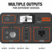 Image of Jackery Explorer 500 portable power station control panel highlighting multiple outputs, front view showing LCD display, DC input and output, car outlet, USB-A ports, and AC outlet on a dark gray background.