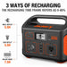 Image of Jackery Explorer 500 portable power station showing three recharging methods, angled front view with handle visible, input ports highlighted alongside wall, car, and solar charging icons on a white background.