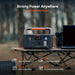 Image of Jackery Explorer 600 portable power station powering multiple devices on an outdoor table, dark gray unit with orange accents connected to laptop and appliances, lifestyle scene in a forest setting with usage icons and text overlay.