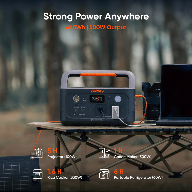 Image of Jackery Explorer 600 portable power station powering multiple devices on an outdoor table, dark gray unit with orange accents connected to laptop and appliances, lifestyle scene in a forest setting with usage icons and text overlay.