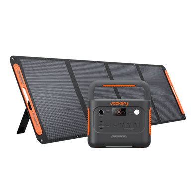 Image of Jackery Explorer 1000 portable power station paired with a foldable solar panel, black and orange design with carry handle, front-facing unit positioned in front of angled solar panels on a white background.