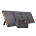 Image of Jackery Explorer 1000 portable power station paired with a foldable solar panel, black and orange design with carry handle, front-facing unit positioned in front of angled solar panels on a white background.