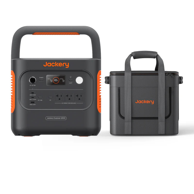 Image of Jackery Explorer 2000 portable power station displayed next to a matching carry case, black and orange design with integrated handle, front-facing view on a white background.