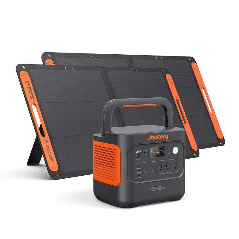 Image of Jackery Explorer 2000 portable power station with two foldable solar panels, black and orange design with carry handle, angled front view showing unit positioned in front of solar panels on a white background.