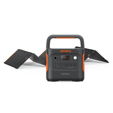 Image of Jackery Explorer 2000 portable power station paired with a foldable solar panel, black and orange design with carry handle, front-facing unit centered with partially deployed solar panels on a white background.