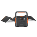 Image of Jackery Explorer 2000 portable power station paired with a foldable solar panel, black and orange design with carry handle, front-facing unit centered with partially deployed solar panels on a white background.
