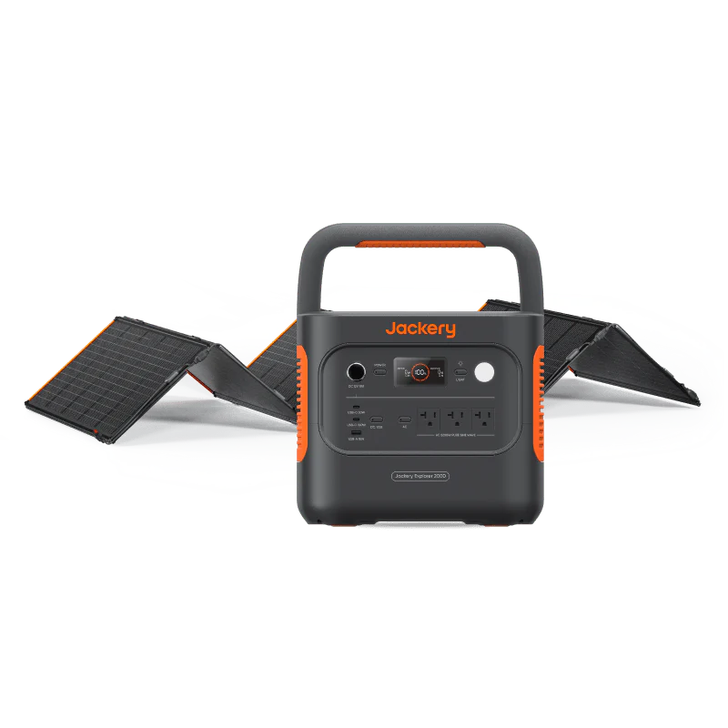 Image of Jackery Explorer 2000 portable power station paired with a foldable solar panel, black and orange design with carry handle, front-facing unit centered with partially deployed solar panels on a white background.