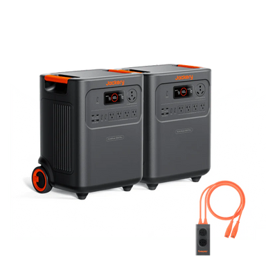 Image of Jackery HomePower 3600 Plus double power station kit with two wheeled units and connecting cable, black and orange design, angled front and side view on a white background.