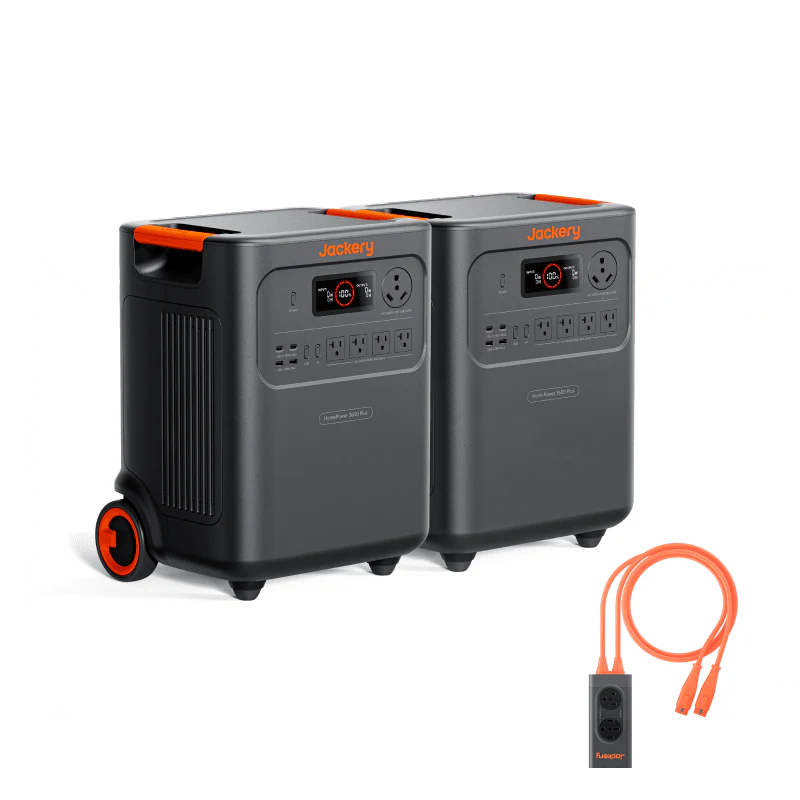 Image of Jackery HomePower 3600 Plus double power station kit with two wheeled units and connecting cable, black and orange design, angled front and side view on a white background.