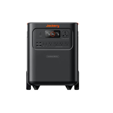 Image of Jackery HomePower 3600 Plus portable power station with black casing and front control panel featuring LCD display and multiple outlets, straight-on front view on white background.