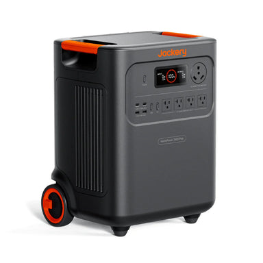 Image of Jackery HomePower 3600 Plus portable power station with built-in wheels and pull handle, black and orange casing with front control panel and multiple outlets, angled front and side view on white background.