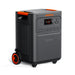 Image of Jackery HomePower 3600 Plus portable power station with built-in wheels and pull handle, black and orange casing with front control panel and multiple outlets, angled front and side view on white background.