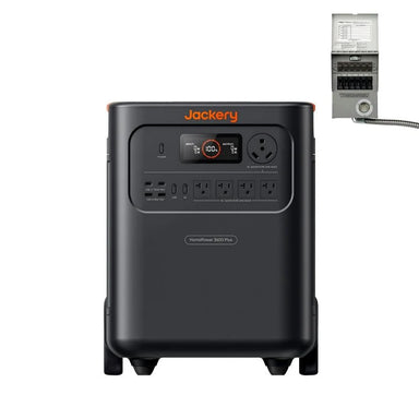 Image of Jackery HomePower 3600 Plus portable power station shown connected to a manual transfer switch, black design with front-facing control panel, straight-on view on a white background.