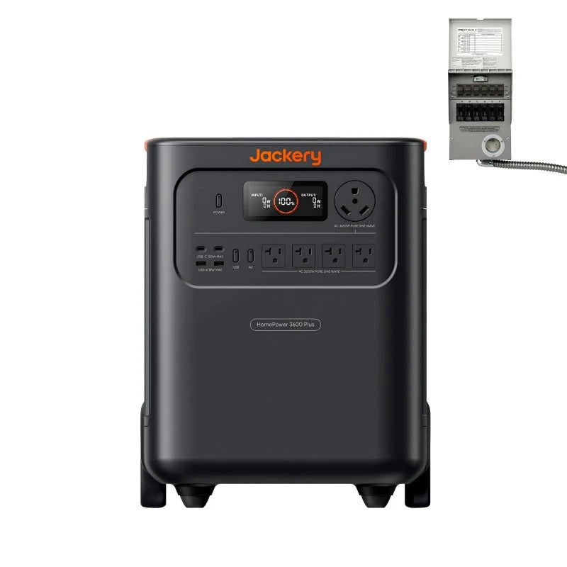 Image of Jackery HomePower 3600 Plus portable power station shown connected to a manual transfer switch, black design with front-facing control panel, straight-on view on a white background.
