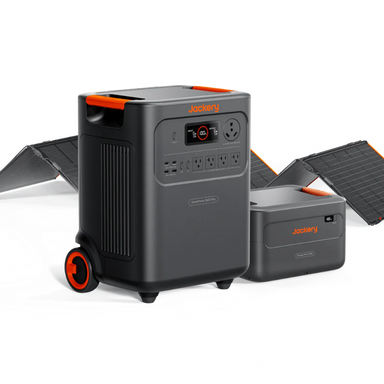 Image of Jackery HomePower 3600 Plus portable power station with wheels paired with an expansion battery and foldable solar panels, black and orange design, angled front and side view on a white background.