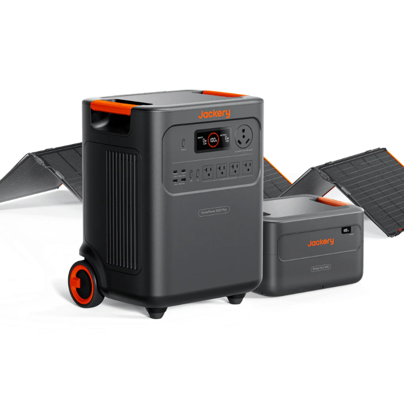 Image of Jackery HomePower 3600 Plus portable power station with wheels paired with an expansion battery and foldable solar panels, black and orange design, angled front and side view on a white background.