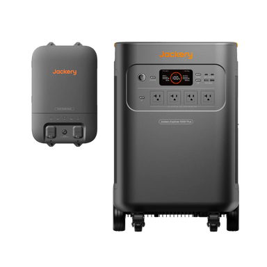 Image of Jackery Explorer 5000 Plus portable power station shown alongside a smart transfer switch, black design with front-facing control panel, straight-on view on a white background.