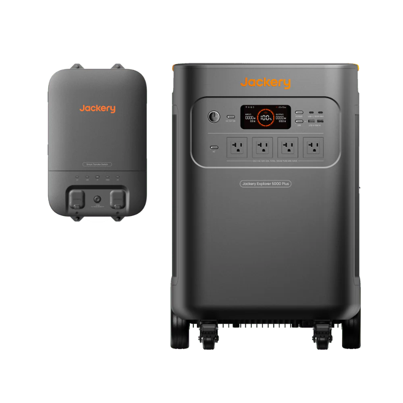 Image of Jackery Explorer 5000 Plus portable power station shown alongside a smart transfer switch, black design with front-facing control panel, straight-on view on a white background.
