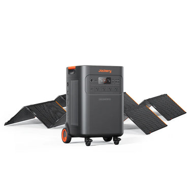 Image of Jackery HomePower 5000 portable power station with wheels paired with multiple foldable solar panels, black and orange design, angled front view with panels partially deployed on a white background.