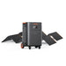 Image of Jackery HomePower 5000 portable power station with wheels paired with multiple foldable solar panels, black and orange design, angled front view with panels partially deployed on a white background.