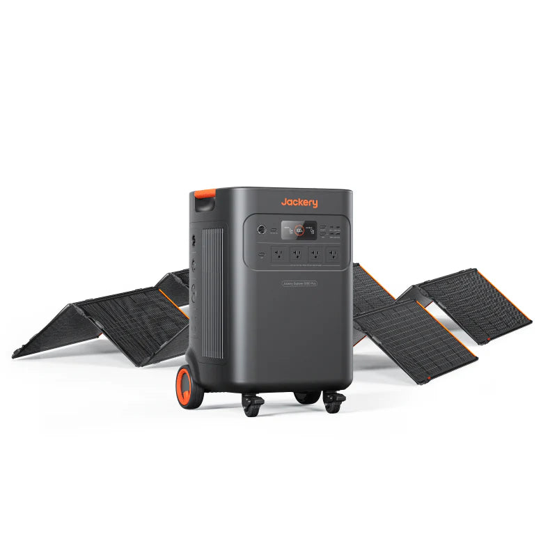 Image of Jackery HomePower 5000 portable power station with wheels paired with multiple foldable solar panels, black and orange design, angled front view with panels partially deployed on a white background.