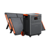 Image of Jackery HomePower 3600 portable power station with wheels paired with foldable solar panels, black and orange design, angled front and side view showing unit positioned in front of solar panels on a white background.