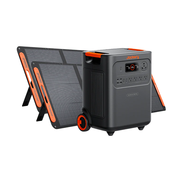 Image of Jackery HomePower 3600 portable power station with wheels paired with foldable solar panels, black and orange design, angled front and side view showing unit positioned in front of solar panels on a white background.