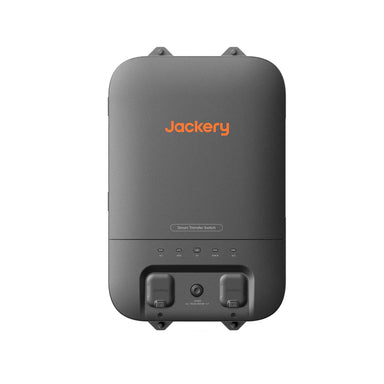 Image of Jackery Smart Transfer Switch with compact black casing and orange logo, wall-mountable design with bottom connection ports, straight-on front view on white background.