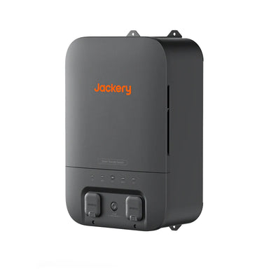 Image of Jackery Smart Transfer Switch with black wall-mountable casing and orange logo, showing front panel and side profile with connection ports, angled front and side view on white background.