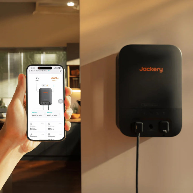 Image of Jackery Smart Transfer Switch wall-mounted in a home interior with black casing and orange logo, shown alongside a smartphone displaying energy monitoring app, angled side view in indoor setting.