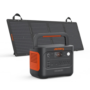 Image of Jackery Solar Generator 1000 portable power station paired with a foldable solar panel, black and orange design with carry handle, front and angled side view on white background.