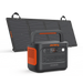Image of Jackery Solar Generator 1000 portable power station paired with a foldable solar panel, black and orange design with carry handle, front and angled side view on white background.