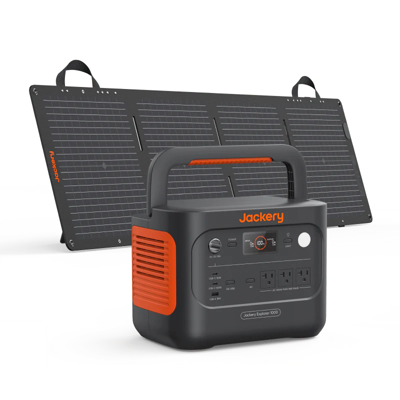 Image of Jackery Solar Generator 1000 portable power station paired with a foldable solar panel, black and orange design with carry handle, front and angled side view on white background.