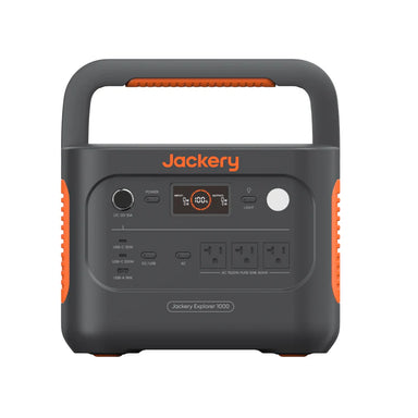Image of Jackery Explorer 1000 portable power station with integrated carry handle, black and orange casing, front-facing view showing ports and display on white background.