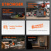 Image of Jackery portable power station feature overview showing stronger output, USB-A/C ports, safety certifications, ChargeShield 2.0 protection, long life cycles, and UPS power switching in lifestyle and graphic panels.